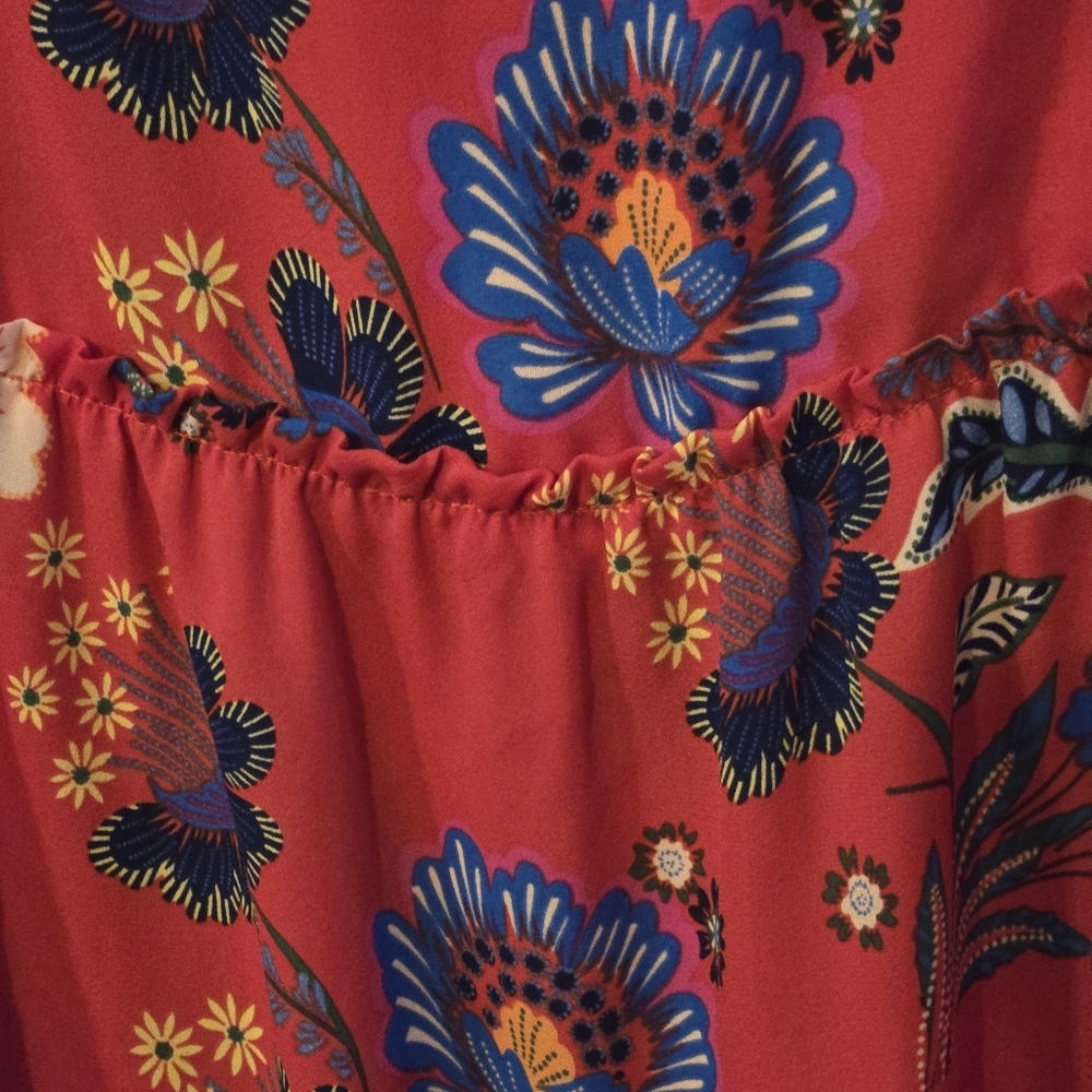 Zac & Rachel Womens L Red Floral Peasant Blouse Tie Neck Boho Flowy Tunic Top - Picture 7 of 13